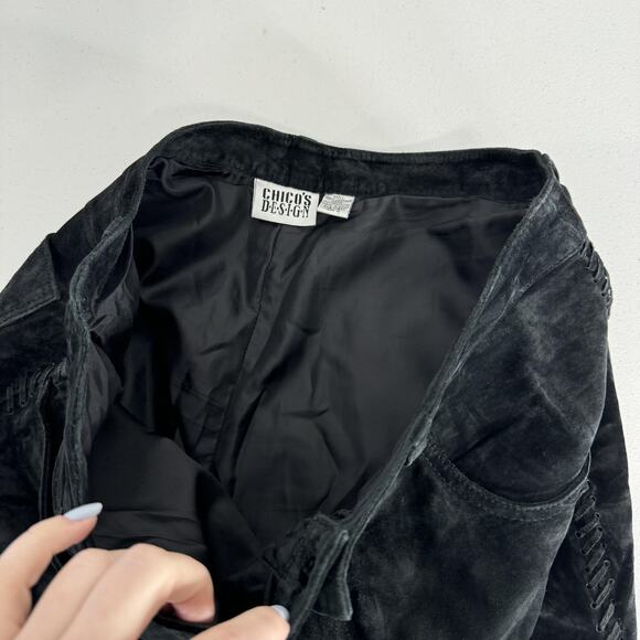 Vintage Chico's Pants Womens 12 Black Suede Leather Straight Laced Trim Y2K 90s - Picture 13 of 16